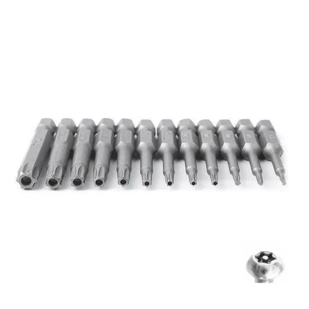 12Pcs/Set 50mm Torx Screwdriver Bit T5-T40 1/4Inch Hex Shank Electric Screw Driver Bit Set with Hole Alloy Steel Torx Bits