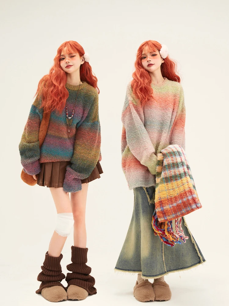 Ladies Soft Lazy Style Gradient Rainbow Knitwear Sweater Autumn Winter New Retro Merald Loose Fit Long Sleeve round Neck Top