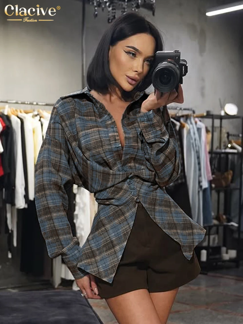 

Clacive Fashion Loose Blue Plaid Women's Blouse 2026 Vintage Lapel Long Sleeve Lady Shirt Elegant Classic Top Female Clothing