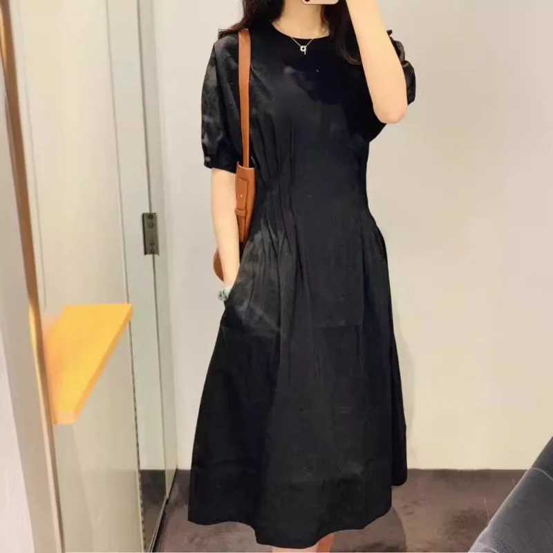 Simple O-neck Short Sleeve Dress Pleated Slim Waist A-line Puff Sleeved Robe Female Summer New Sweet Elegant Casual Vestidos