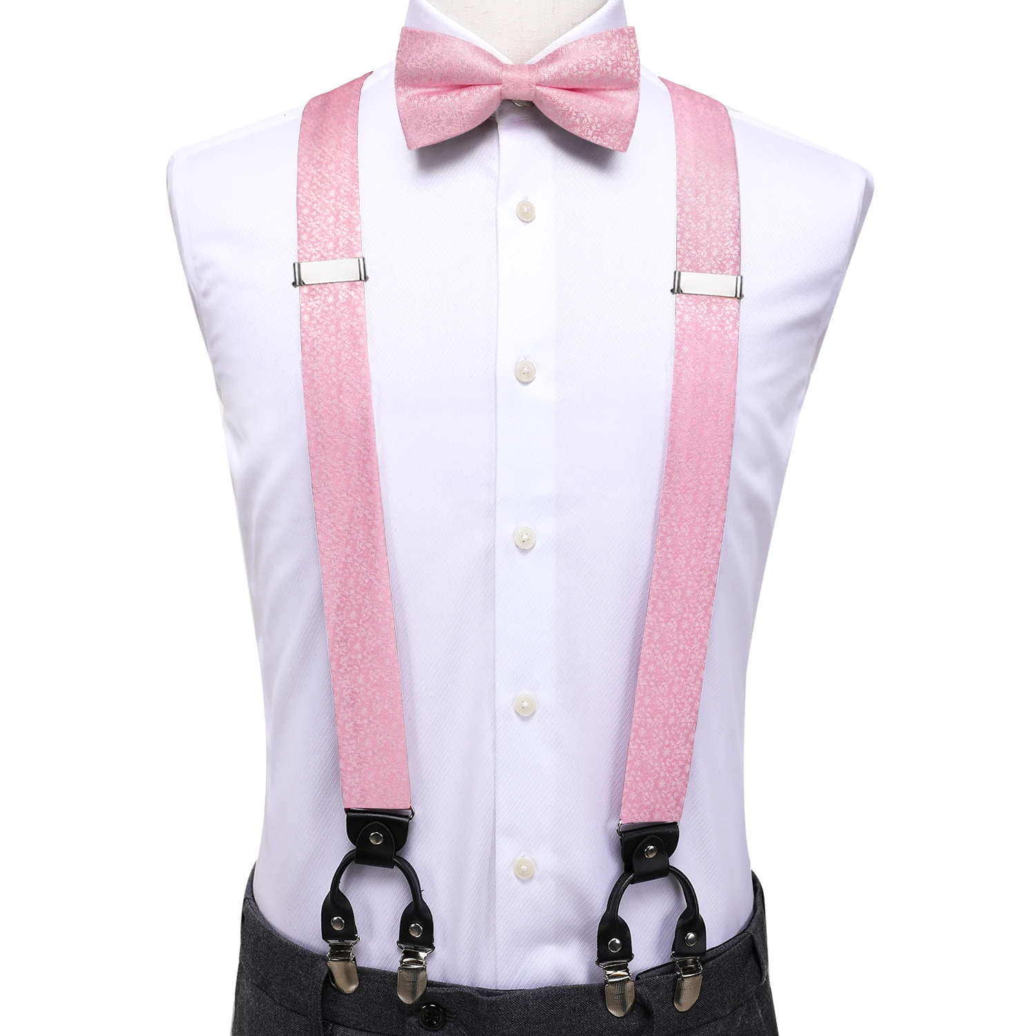 Hi-Tie Solid Pink Floral Silk Men Suspender Bowtie Hanky Cufflink Adjustable Clip On Brace for Male Wedding Business Wholesale