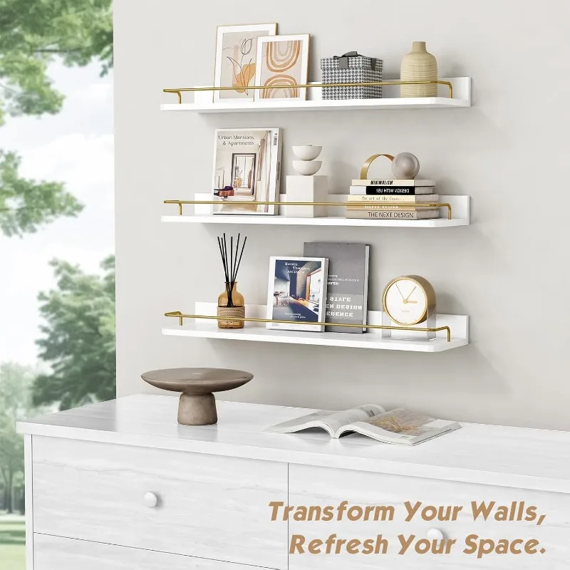 

24 Inch Bathroom Floating Shelves for Wall Set of 3, Gold Bathroom Shelves Over Toilet Wall Mounted with Rail