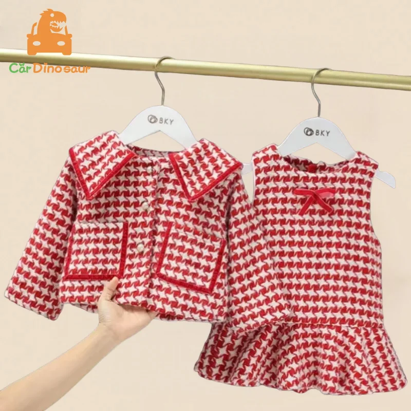 

2025 Winter Baby Sweet Princess Dress Two-piece Suit Plus Velvet Vest Dress Woolen Plaid Jacket Set For 1-6 Year Girls Outwear