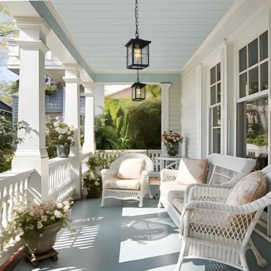 Outdoor Pendant Light Fixture, Farmhouse Black Anti-Rust Ceiling Outdoor Light with Seeded Glass, Exterior Square Hanging Lante view 2