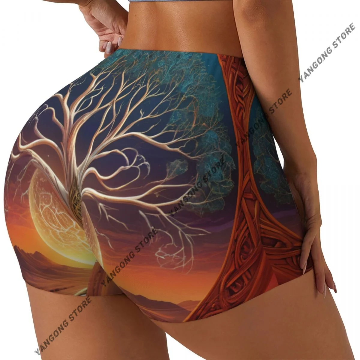 Women's Yoga Shorts Ancient Yggdrasil Tree Of Life Scrunch Booty Butt Lifting Comfort Fitness Gym