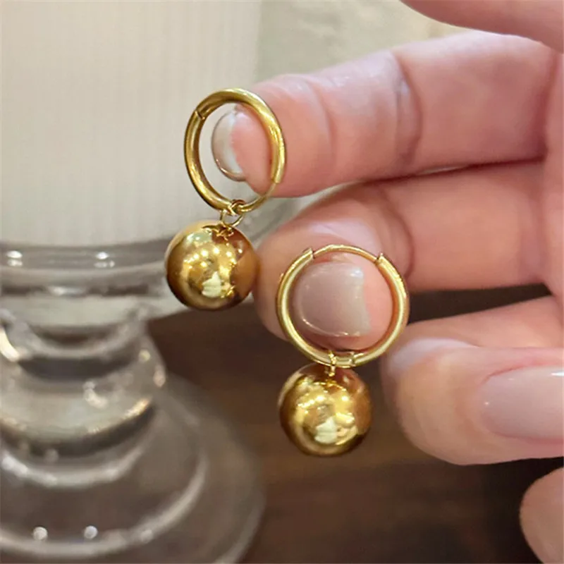 XIALUOKE Metal Round Ball Drop Earrings For Women European American Style Stainless Steel Hoop Earrings Party Jewelry Gift