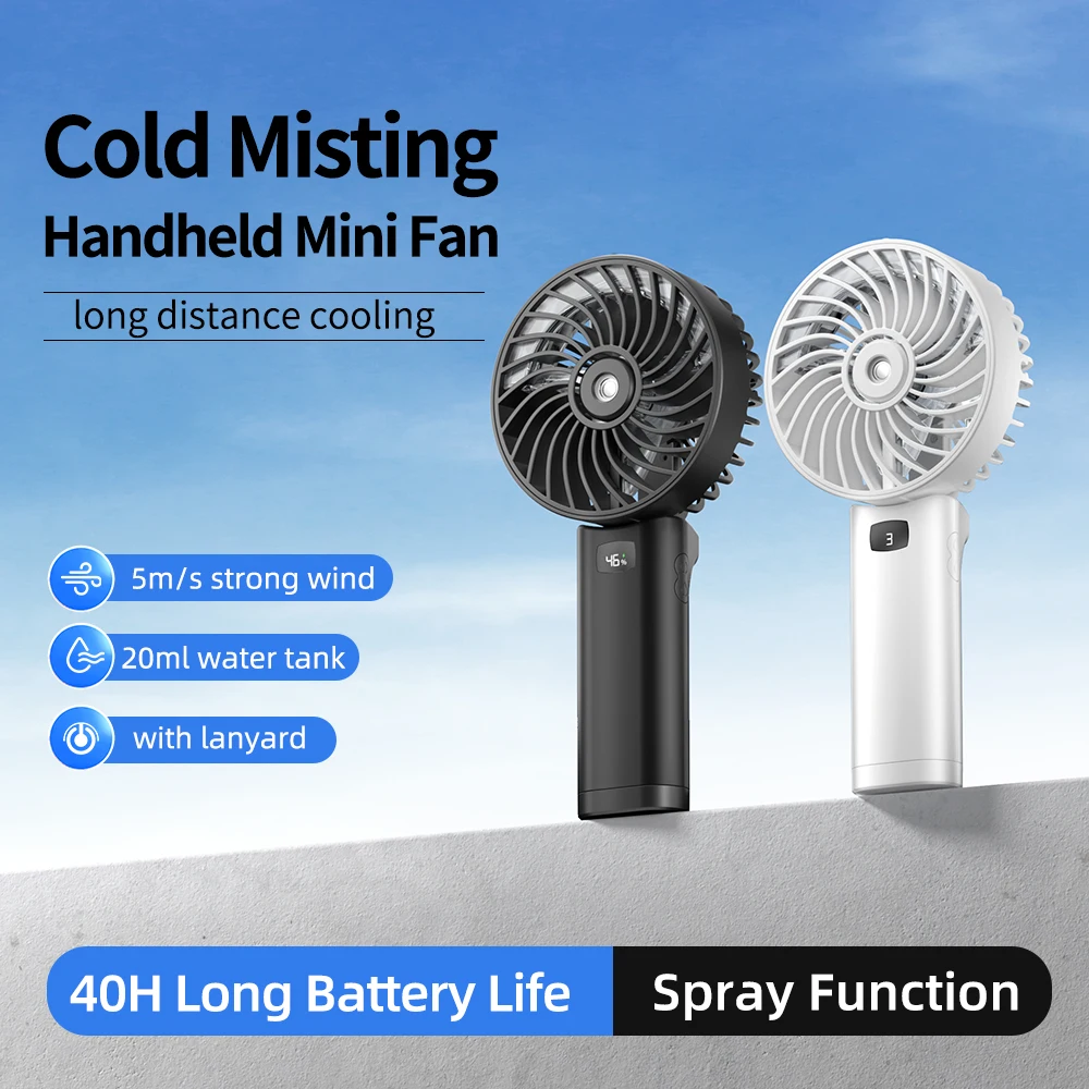 

AMORMIYA 5-дюймовый ручной вентилятор для запотевания, перезаряжаемый через USB портативный охлаждающий вентилятор с распылителем воды, 3 скорости, складной экран и ремешок для дисплея