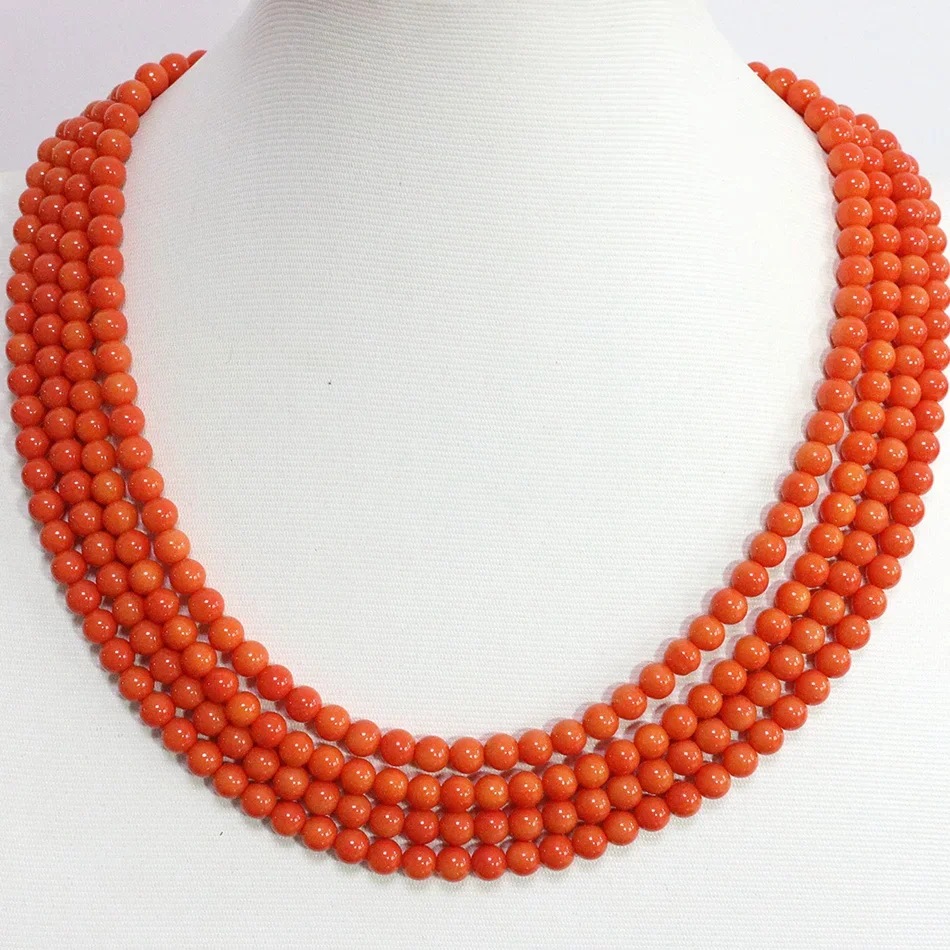 

Beauty 4 rows pink orange 6mm round beads artificial coral chain amazing women high grade necklace jewelry 17-20inch