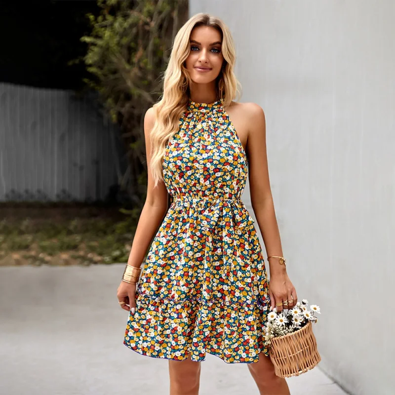 DY-Self-Developed Design American Station Sleeveless Waist-Tight Dress Summer Bohemian Printed Dress