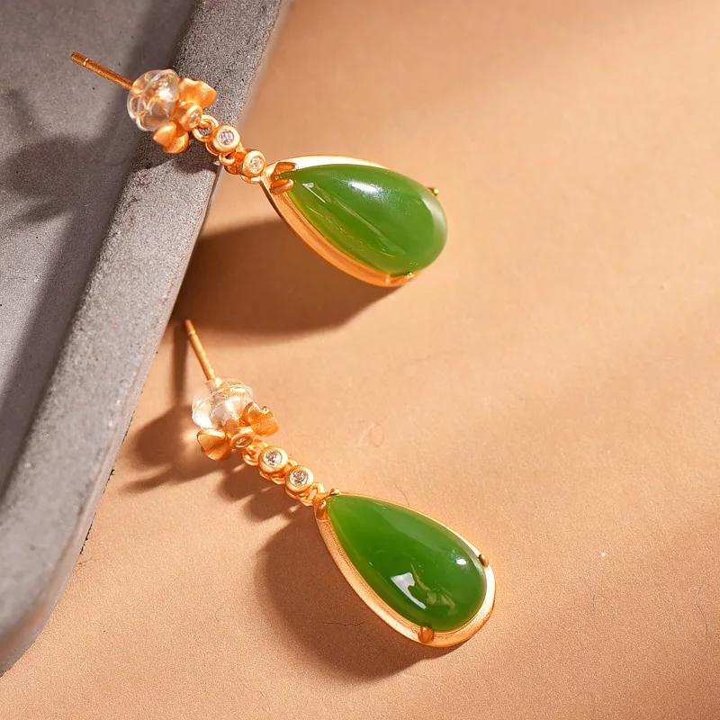 Classic Ancient gold craft inlaid bowknot crystal natural Hotan jasper earings for women new in long creative Eardrop jewelry 2