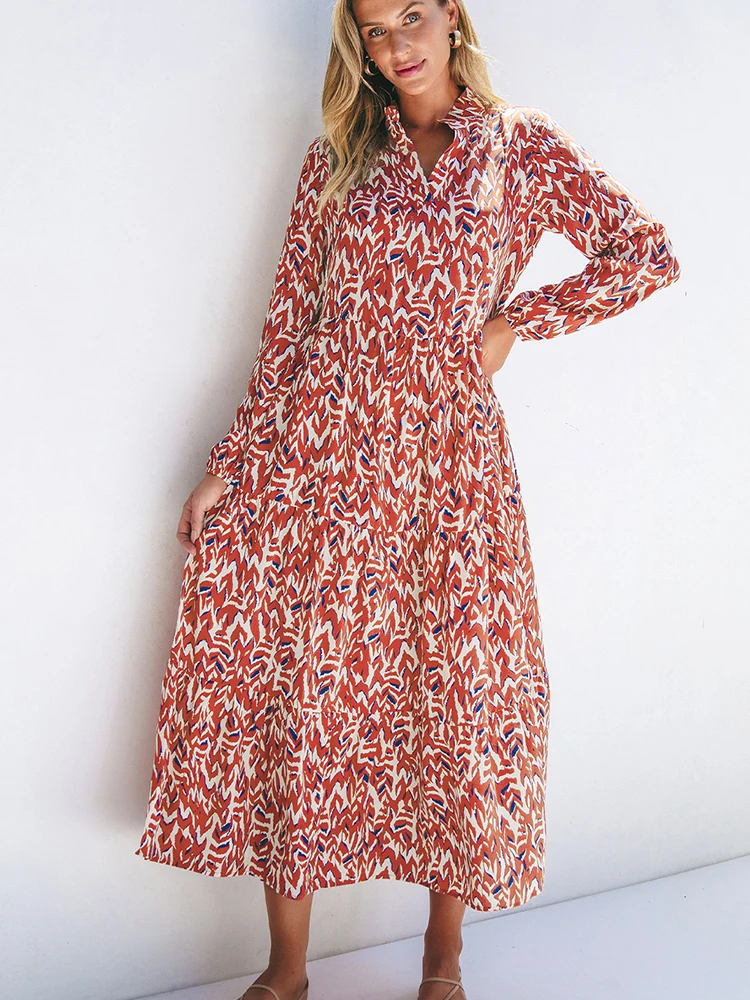 Długa spódnica damska z nadrukiem jesiennych kwiatów, modna, uniwersalna, o średniej długości, z wysokim stanem, w kształcie litery A, z poliestru.