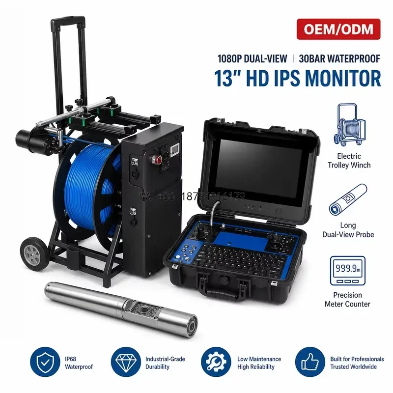 wmwmnu 13 Inch IPS 1080P Dual View Borehole 30Bar Waterproof 200m Winch Deep Well Pipe