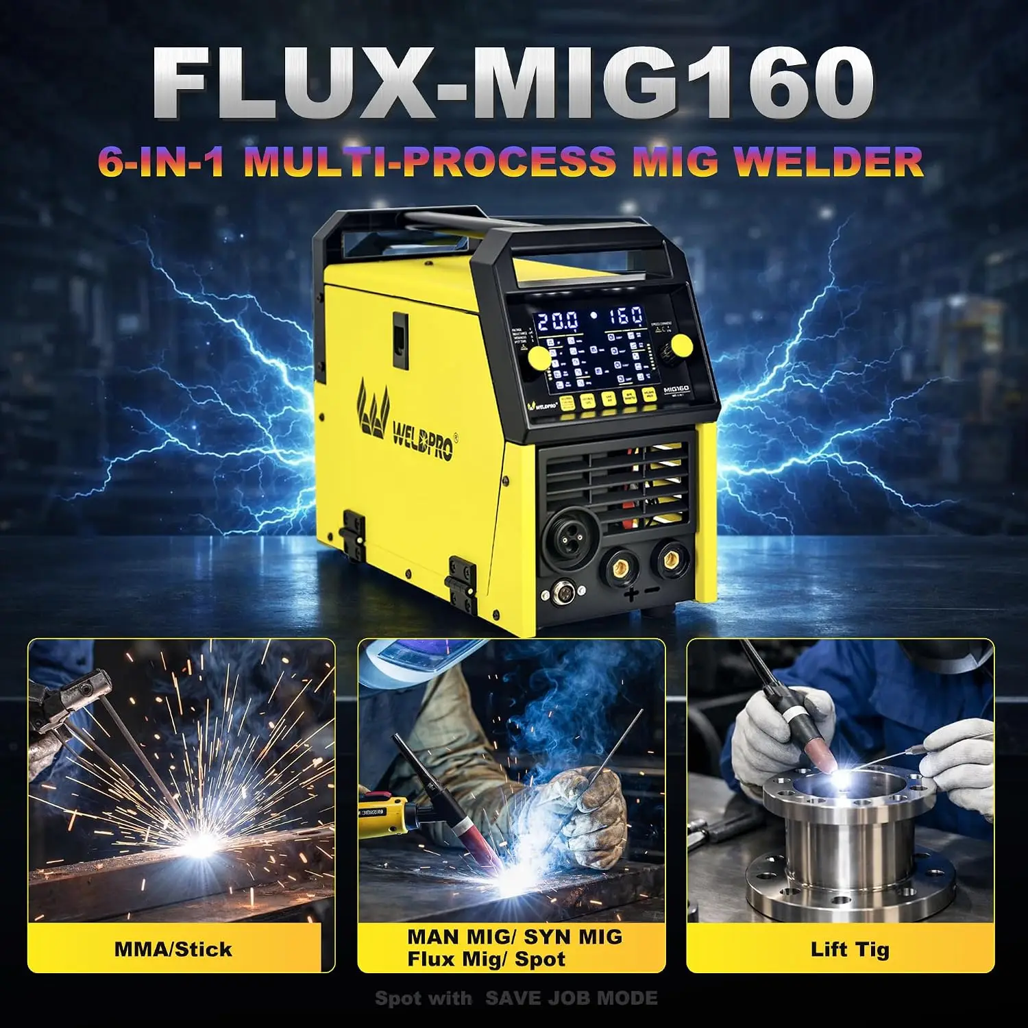 2026 Newest 160A MIG Welder 6-in-1 Multi-Process Welding Machine, 110V/220V Manual MIG, Synergic MIG, Gasless MIG, Lift TIG, MMA & Spot with Large LED Display, IGBT Inverter, Save Job