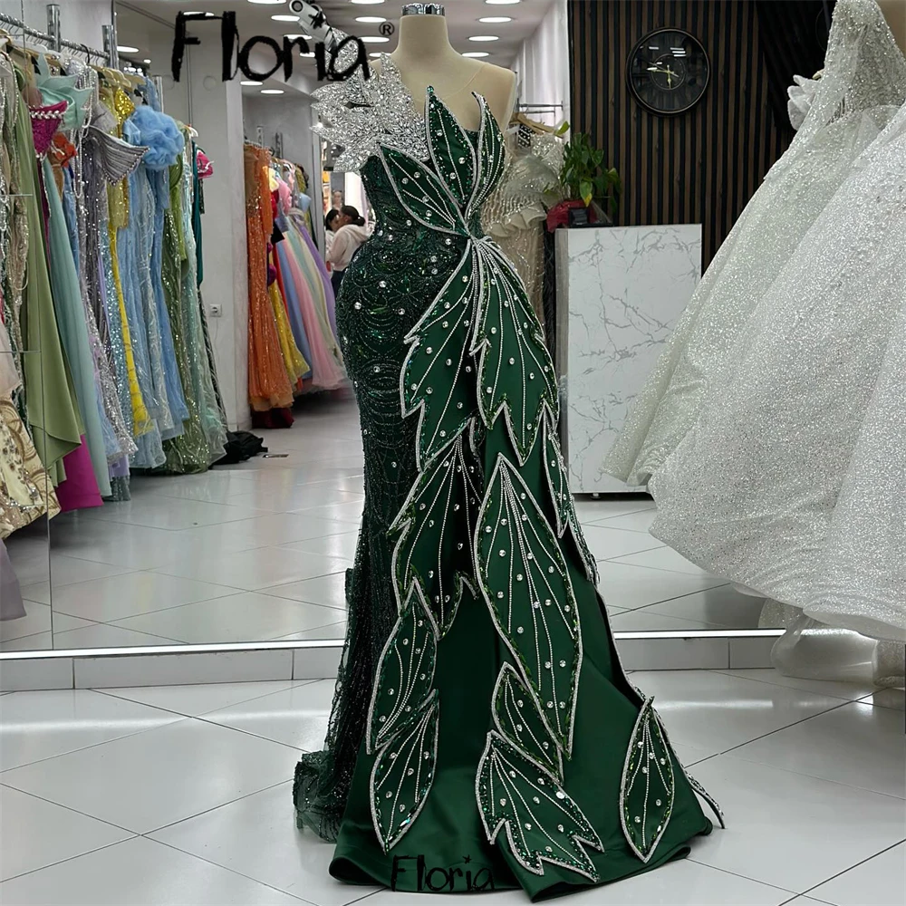 Emerald Green Gorgeous Evening Dress Dubai Big Leaf Design Formal Wedding Party Gowns Arabic Women Red Carpet Runway Gowns Robes