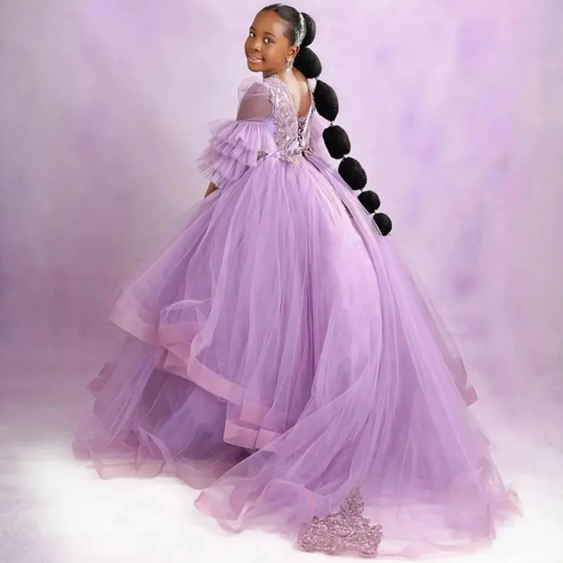 

Princess Flower Girl Dress For Wedding Tulle Lace Applique Floor Lenght Kids Birthday Party First Holy Communion Gown Custom
