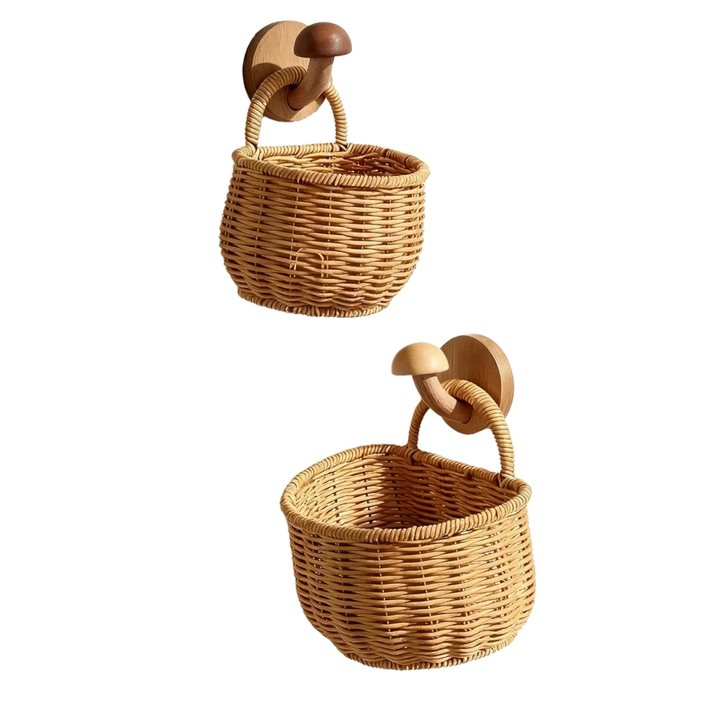 A95G 2 Pack Wall Hanging Rattan Baskets,Hand-Woven Storage Basket,Wall Hanging Baskets for Kitchen,Washable Decorative Basket