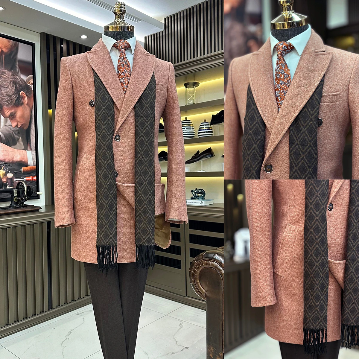 Herringbone Woolen Overcoat For Men Notch Lapel Formal Suits Outwear Double Breasted Tweed Coat Plus Size Customized Warm Jacket