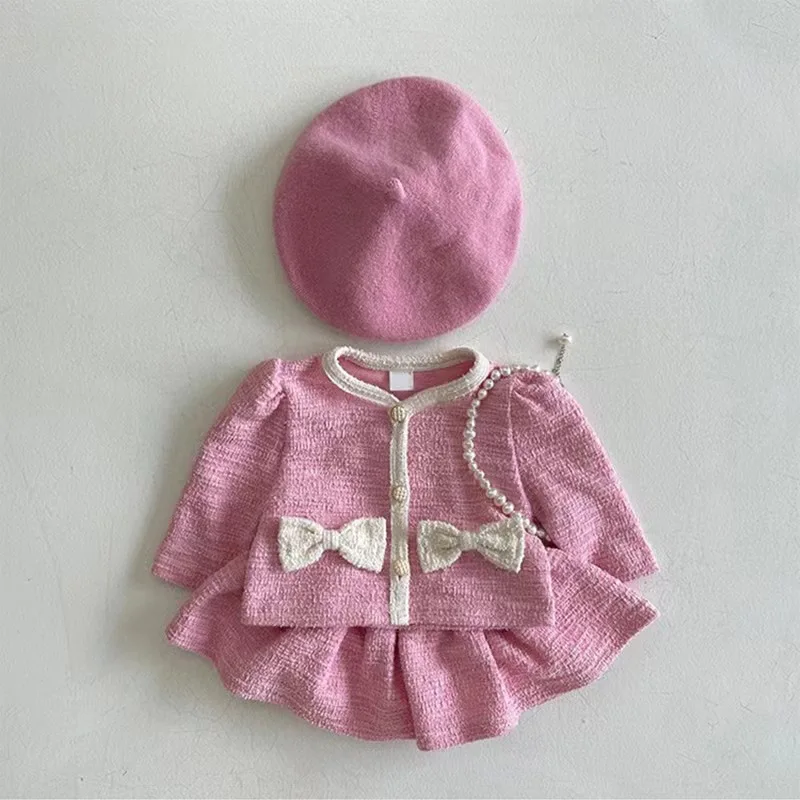 2024 Autumn New Baby Girl Long Sleeve Clothes Set Infant Cute Bow Cardigan Coat + Half Skirt 2pcs Suit Girls Sweet Outfits