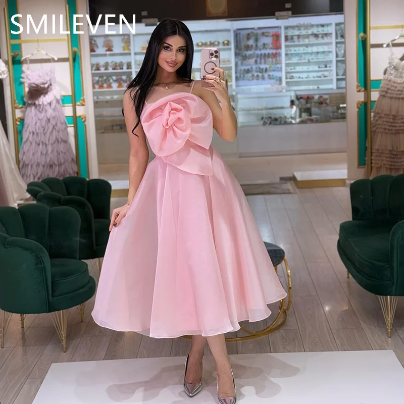 

Smileven Pink A-line Sexy Spaghetti Strap Mini Prom Dresses With Big Flower Tea-Length Party Evening Dress Gift Customized 2025