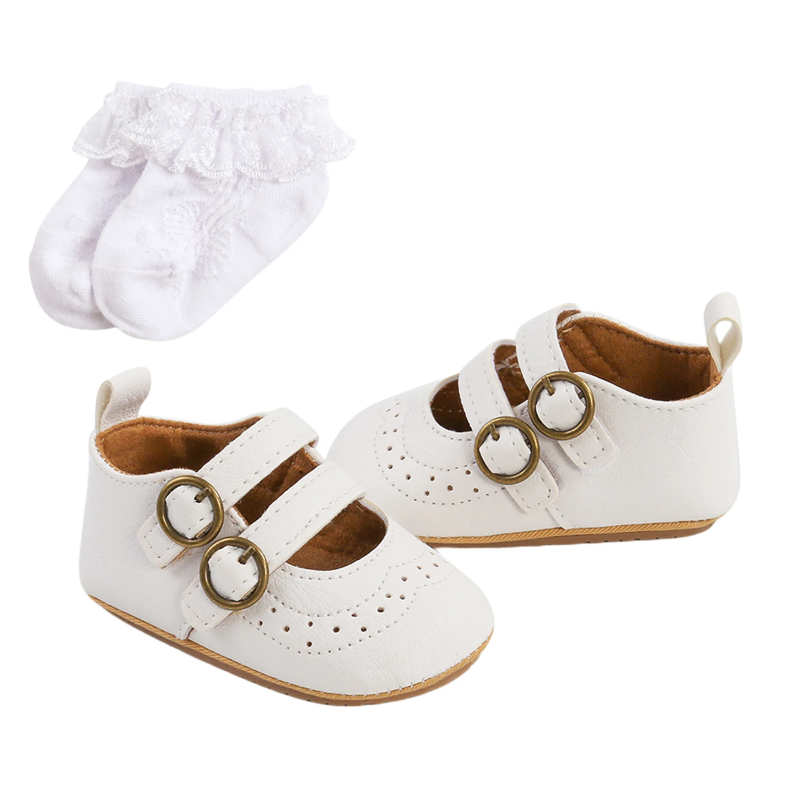 Baby Girls Boys Non-Slip PU First Walking Shoes, Buckle Strap Soft Sole Solid Infant Slip-on Sock Shoes