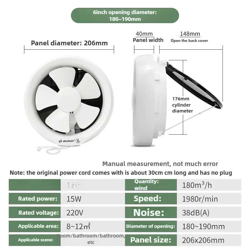 Exhaust Fan 6 Inch Bathroom Round Glass Window Ventilation Fan Toilet Exhaust Fan Pull The Rope for One Click Ventilation