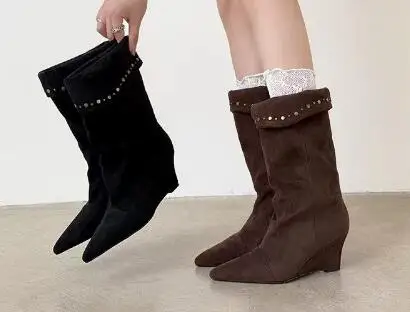 

Autumn Lady Brown Black Suede Solid Pointed Toe Wedges Mid-calf Boots Women Fashion Rivet Fold Slip On Short Boots Shoes Size 42