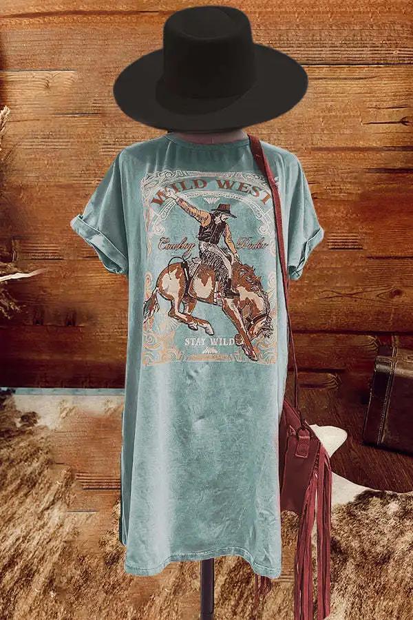Cowgirl Fashion Round Neck Women T-shirt 2025 New Short Sleeve Streetwear Retro Summer Dress Distressed Print Cotton Dresses