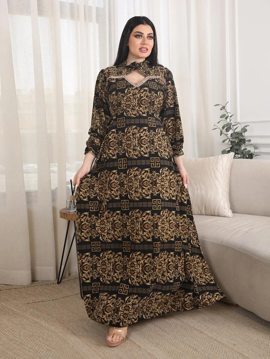 

Elegant Print Dress for Women Diamond Jalabiya Dress Muslim Abaya Hollow Out Party Vestidos Robe Ramadan Maxi Moroccan Caftan