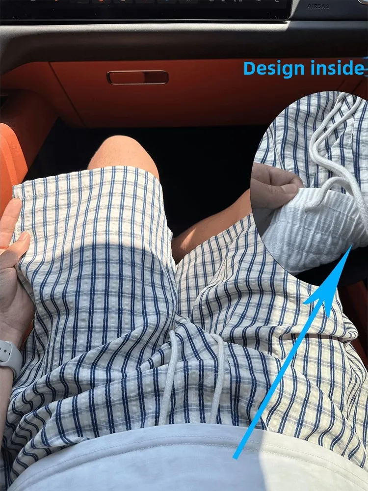 

Синие клетчатые мужские летние тонкие брюки с пузырьками для пар, уличная одежда, повседневные пляжные брюки длиной пять четвертей с прямыми штанинами