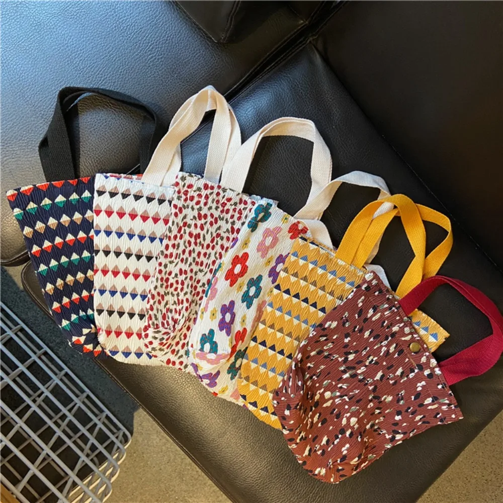 Fashion Wrinkle Mini Handbag Cotton Ruffle Foldable Cloth Bag Flower Print Lunch Bag Women Girl