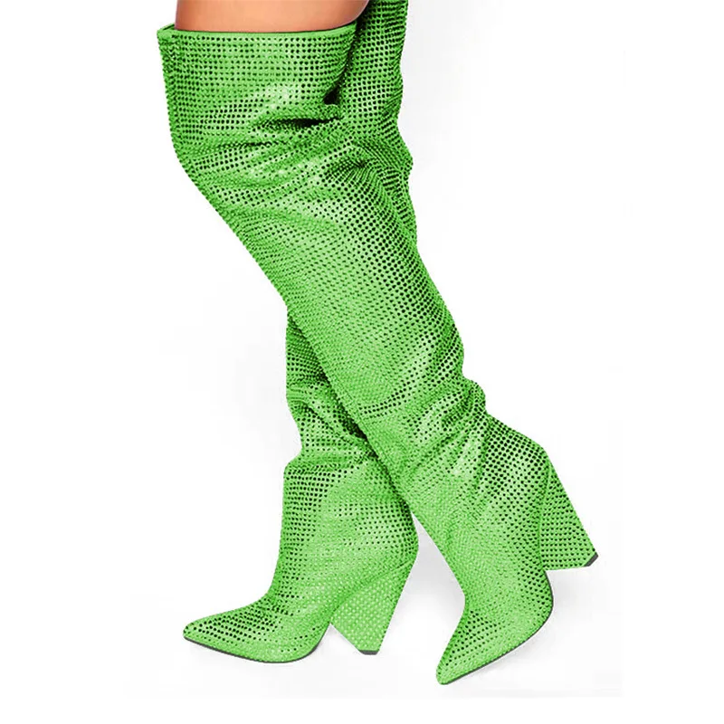 2024 new pointed cone-shaped heel with sloping heel, wearing full sky star rhinestones and oversized knee length boots for women