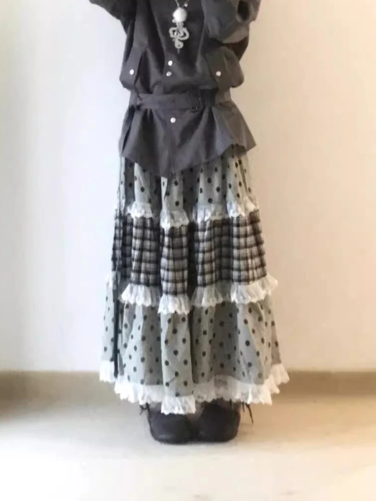 

Японские элегантные ретро клетчатые юбки с волнистыми точками, женские кружевные лоскутные юбки трапециевидной формы с оборками, дизайн Харадзюку, популярная корейская одежда