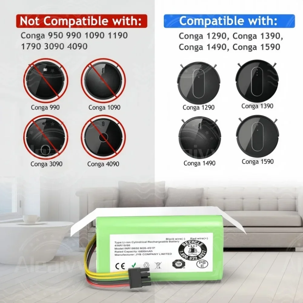 Replacement Battery for Conga 1290 1390 1490 1590,Proscenic Cocoa Smart 780T,790T Robot Vacuum Cleaner 18650 4S1P 14.4V 6800mAh