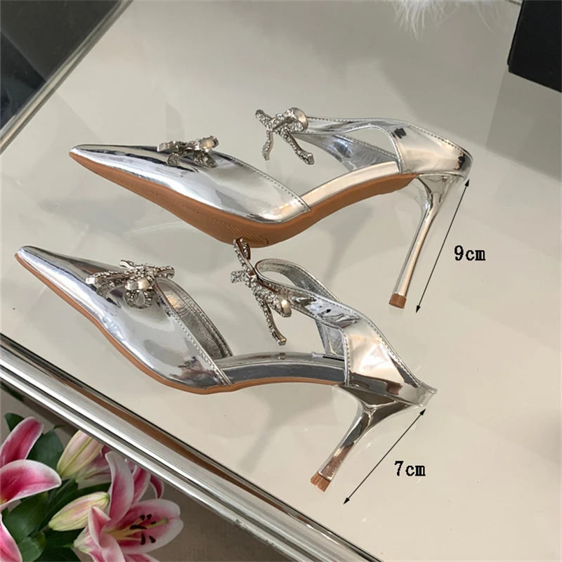 Eilyken Sexy Summer Crystal Butterfly-knot Pointed Toe Women Pumps Fashion Buckle Strap High Heels Party Prom Sandals Mule Shoes