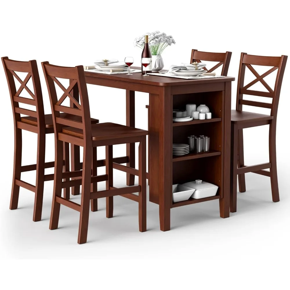 Dining Table Set Set of 5, Counter Height Table Set, Vintage Bar Table w/ 4 Solid Wood Chairs and 3-Tier Storage Shelves, Bistro