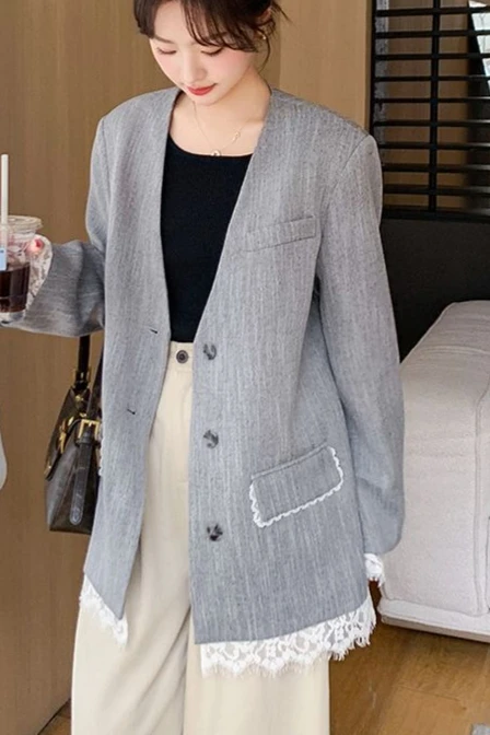 

Spring and Autumn New Women's Suit Jacket Loose Splicing V-neck Suit