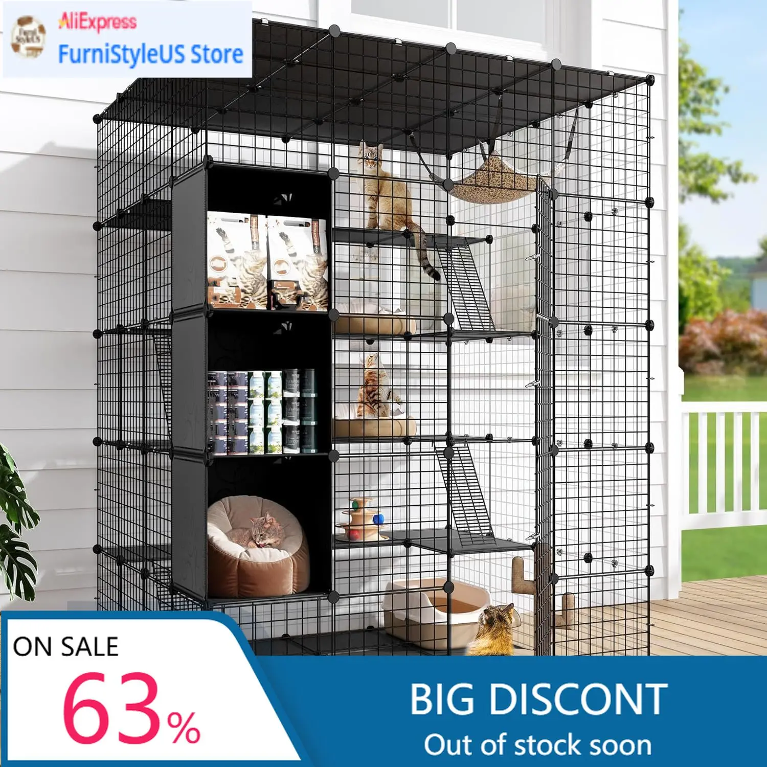 

Большая 5-уровневая клетка для кошек для дома: вольер-манеж для котят с большим гамаком для 1-4 кошек