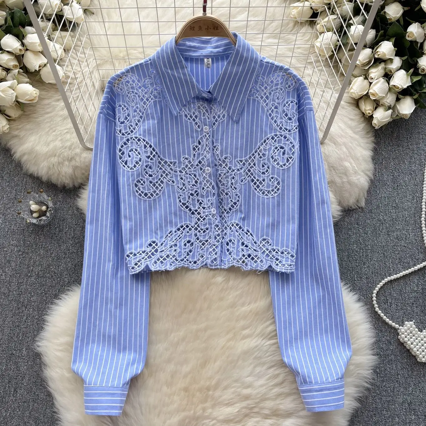 

Luxury Hollow out Lace patchwork shirt Women's Spring Summer Fashion striped print Long sleeve blouse Cropped tops Beach
