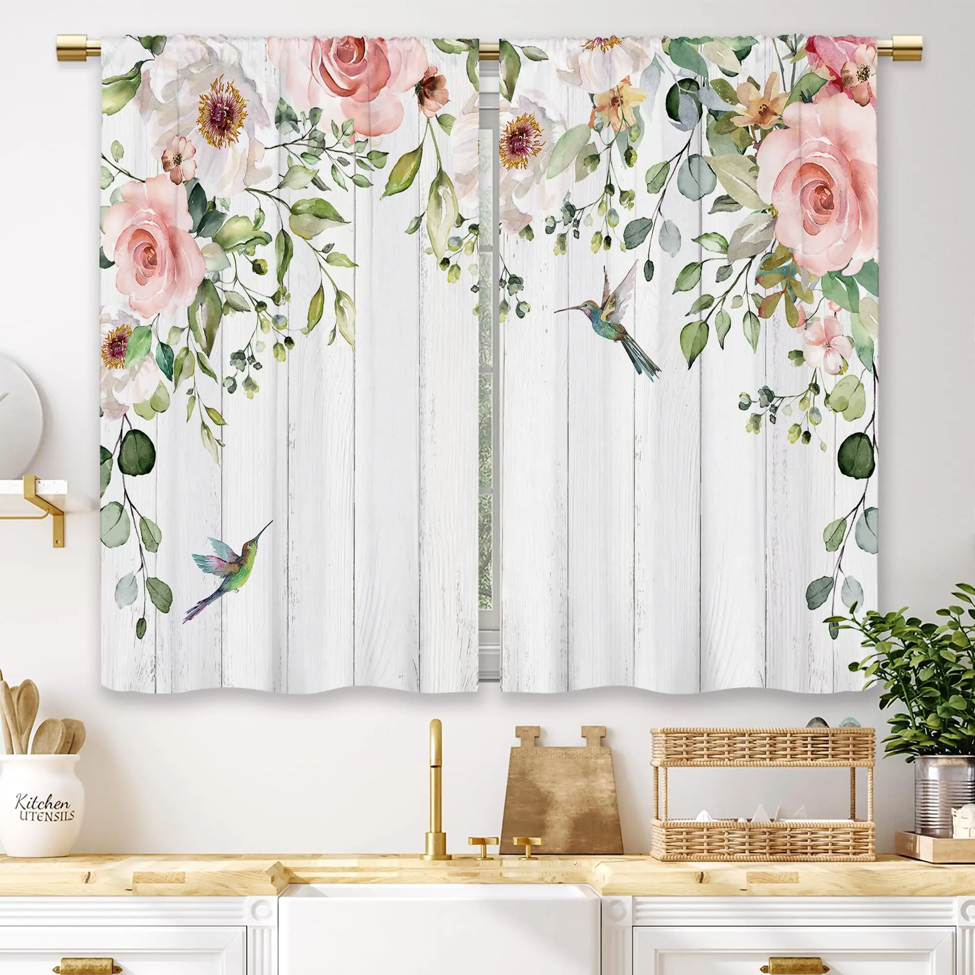 Farmhouse Pink Rose Hummingbird Tier Curtains 2 Panels Botanical Print Short Drapes For Kitchen Bathroom Decor