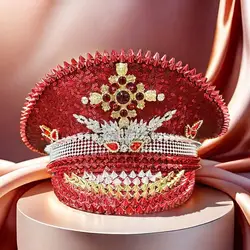 HongLuan Red Steampunk Captain Hat Rhinestone for Burningman Festival Woman, Military Cap & Military Assessories for Women