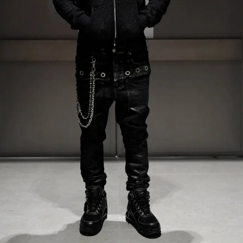 HKSH Autumn Winter New Men Tide Dark Punk Brush Waxed Double Waist Skinny Vintage Jeans Chic Ins Denim Pants Avant-Garde HK17724