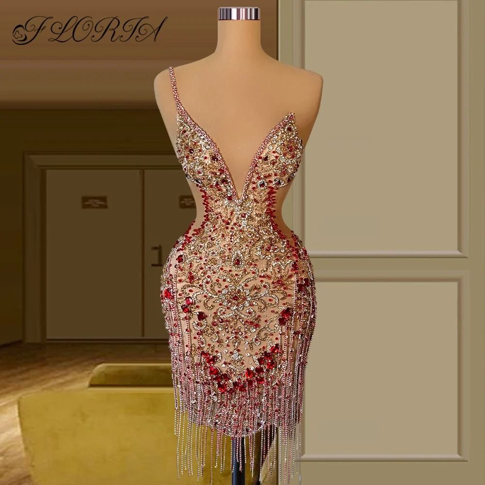 

Luxury Beads Short Prom Dresses 2023 Sleeveless Beading Crystal Tassels Party Gowns Cocktail Homecoming Dress vestidos de gala