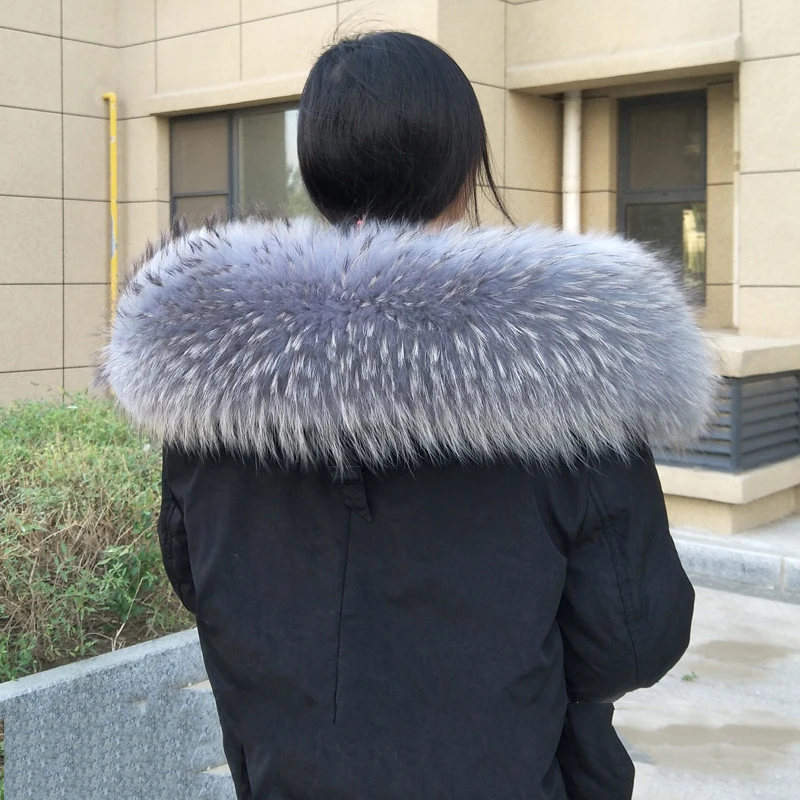 Natural Raccoon Fur Collar Neck Warmer Real Fur Scarf Winter Coat Hood Fur Trims strip Luxury Warm Scarves Large Fur Shawl