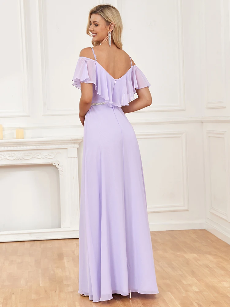 XUIBOL-elegante vestido de chiffon com decote em v para mulheres, babado a linha, vestido longo para casamento, dama de honra, novo, 2024