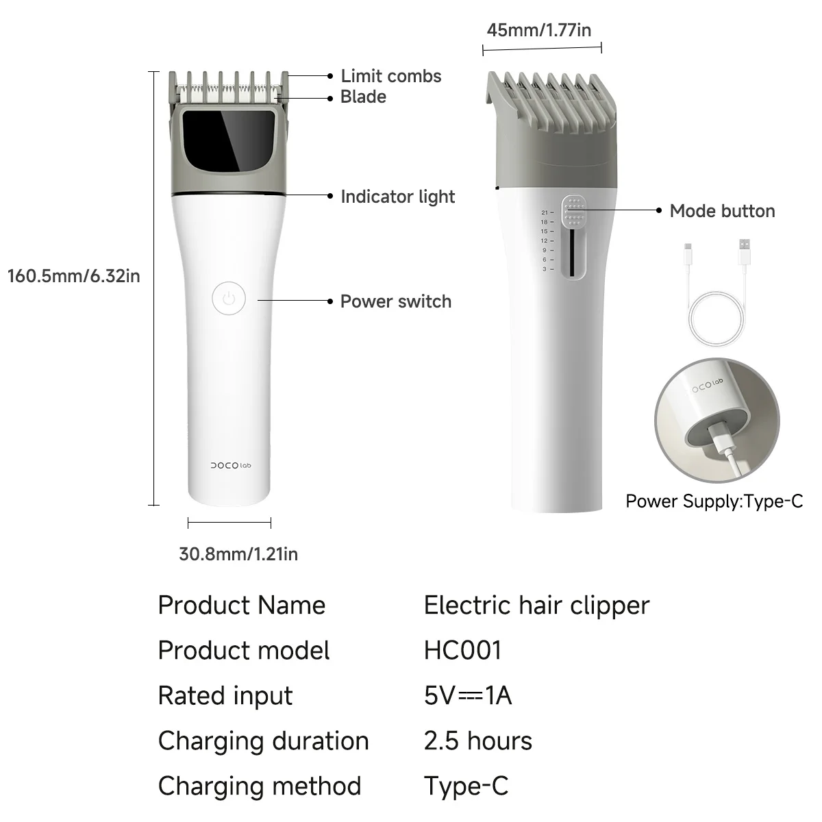 DOCO Electric Hair Clippers Trimmers For Men Adults Kids Professional Cordless Type C Rechargeable Hair Cutter Machine