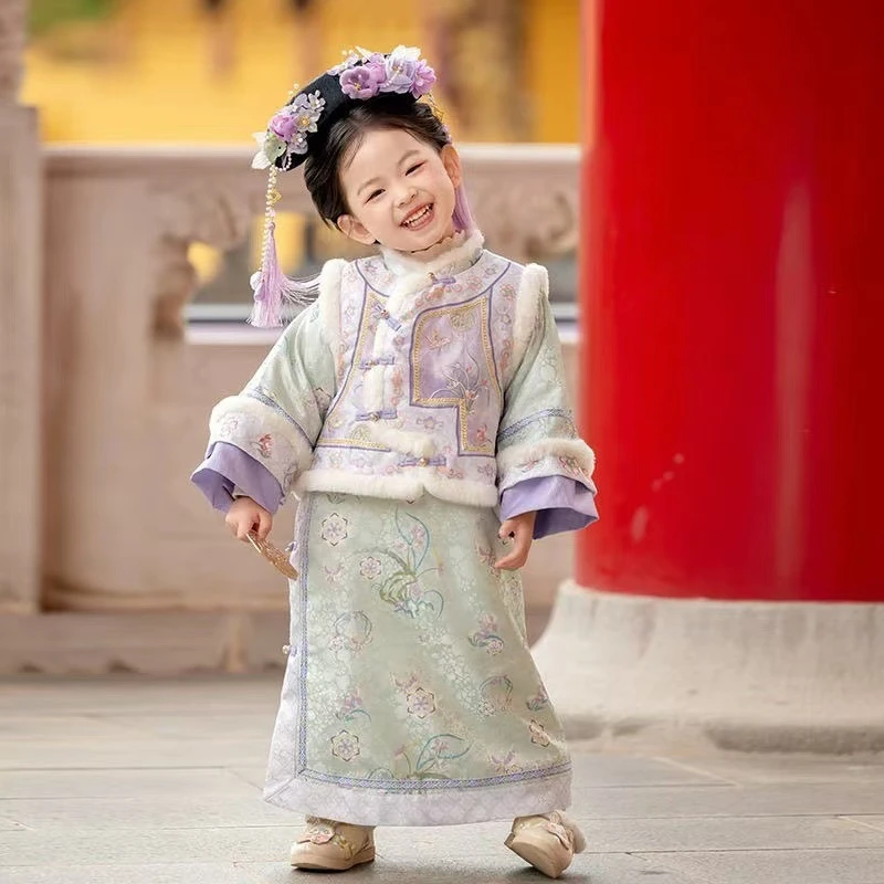 

2025 Winter New Warm Chinese Hanfu Costume Cute Girls Qing Dynasty Princess Dress Ancient Children Baby Children Birthday Gift