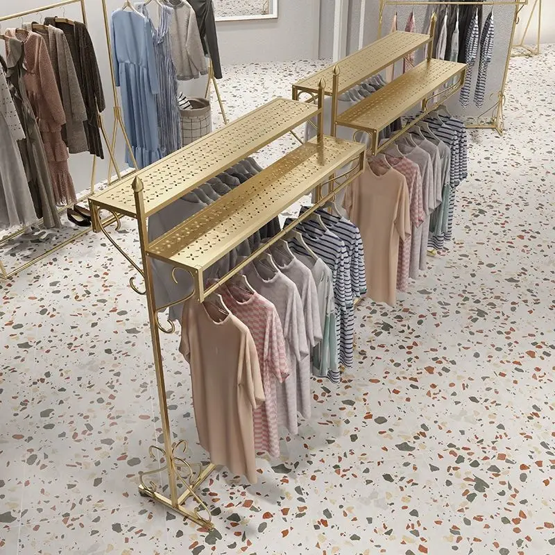 

Light luxury women's clothing store shelves, gold double-row hangers, middle men's clothing with board display rack, wrought