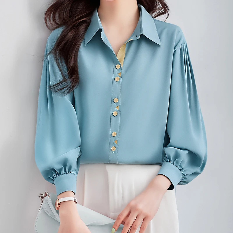 Camicie in chiffon alla moda Colore azzurro Patchwork Colletto rovesciato Manica lunga Elegante camicetta da donna da ufficio con maniche a lanterna