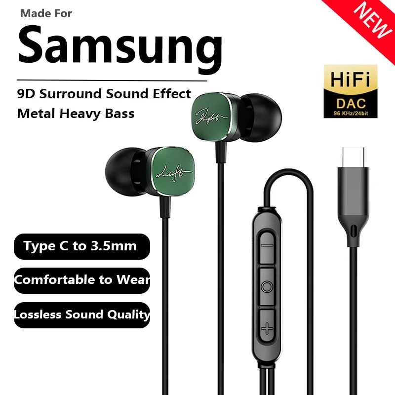 

9D Type C to 3.5mm HIFI Music Wired Headphones For Sumsung Galaxy S24 iPhone 15 Xiaomi HUAWEI Mobile Phone Tablet In-Ear Headset