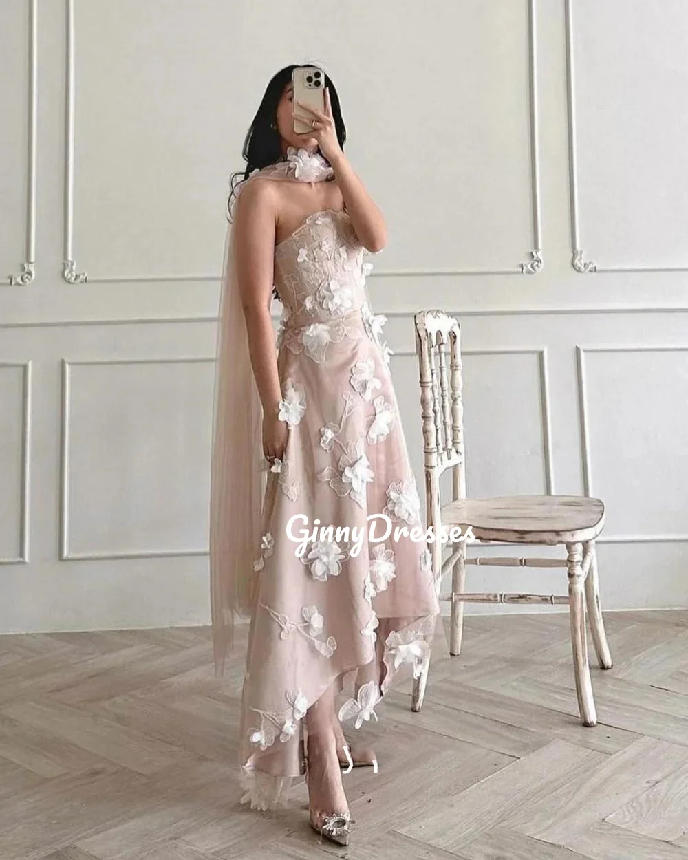 

Customized Evening Dress Woman Strapless A-Line Flowers Prom Dresses Floor-Length Zipper Up Sleeveless Lining Wedding Party Dres